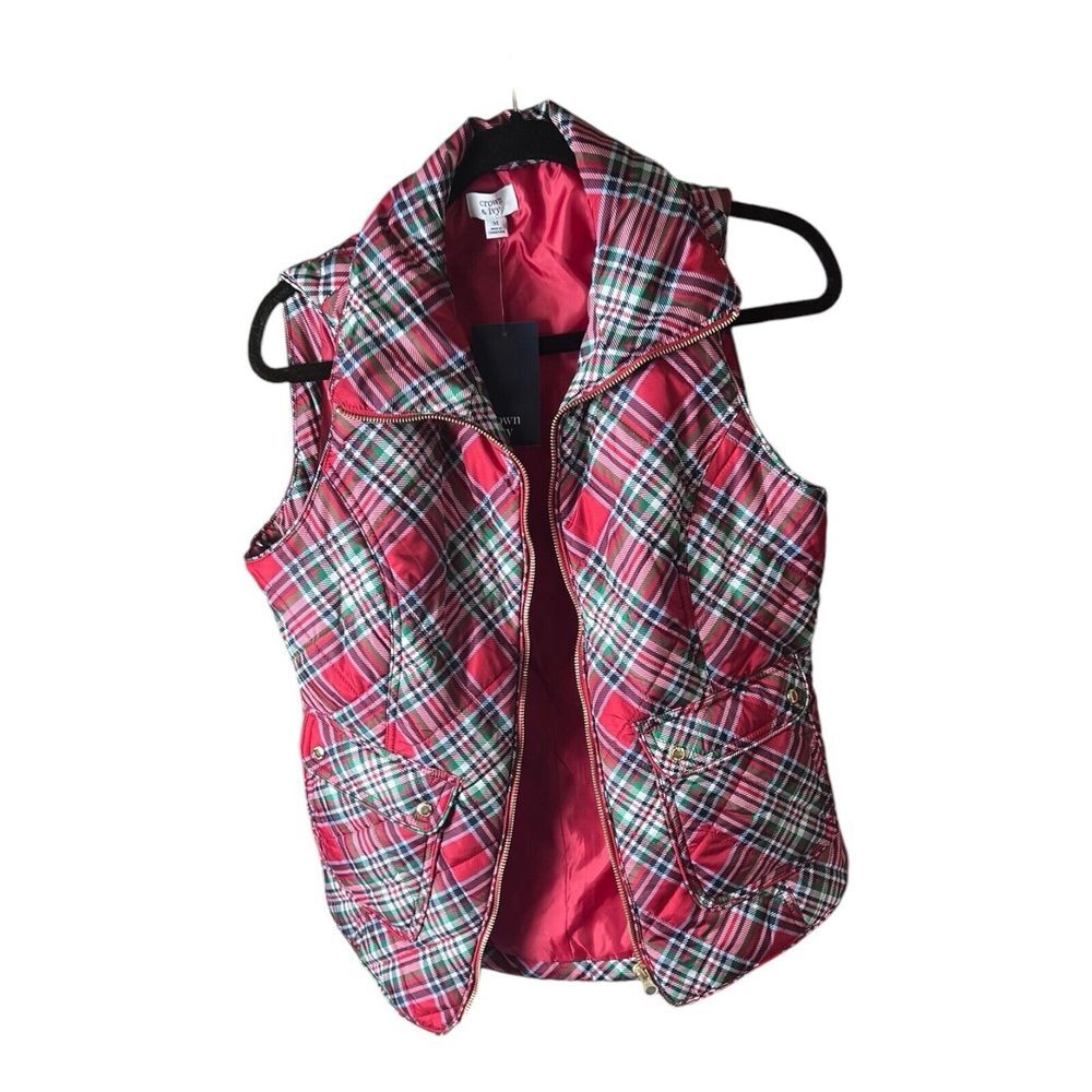 Crown & Ivy Quilted Puffer Vest Red Plaid Full Zip Front Pockets Size Medium